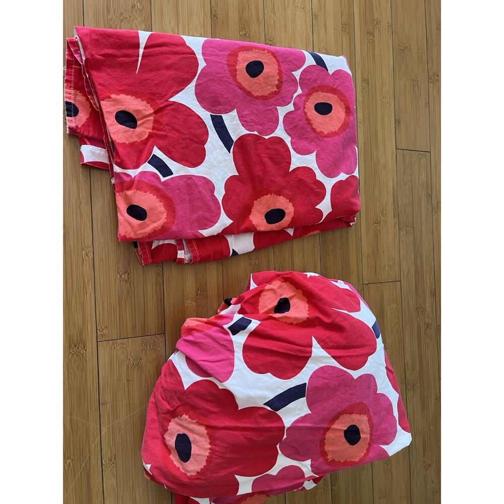 MARIMEKKO Unikko Twin Bed Sheet Set, Cotton Bedding Red Pink Poppy Maija Isola